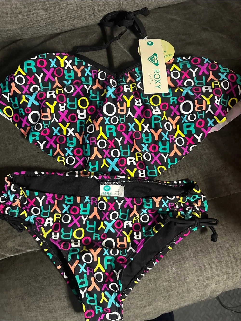 Roxy Black Bikini Set with Multicolor Logo Print